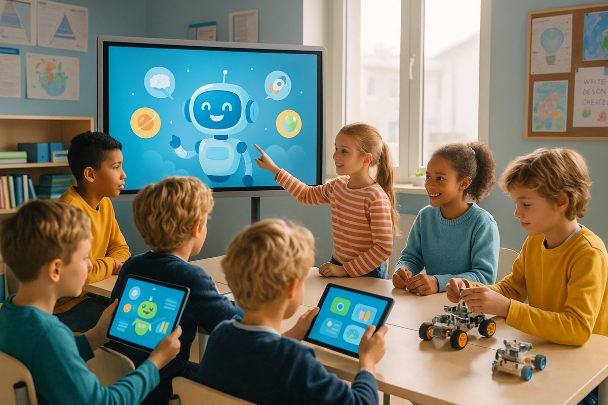 Diverse children interact with agentic AI in a bright, modern classroom filled with learning tools.