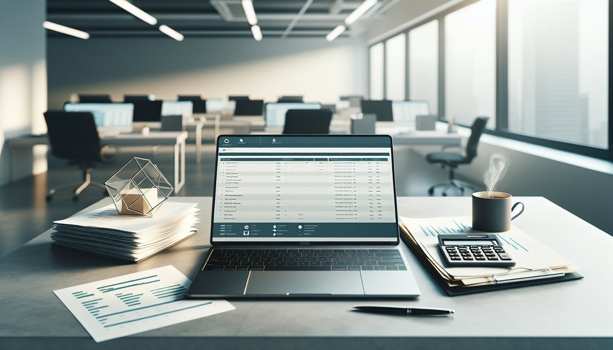 Close-up of a laptop displaying accounts payable software in a modern office setting.