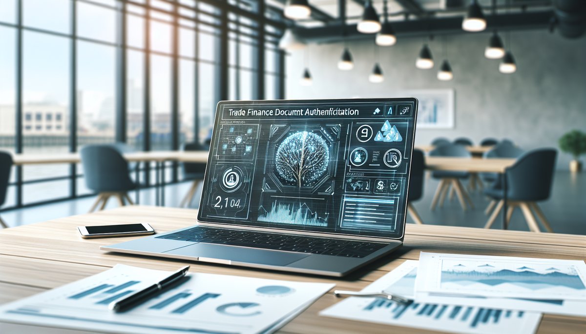 Modern banking workspace with AI dashboard for trade finance document verification.