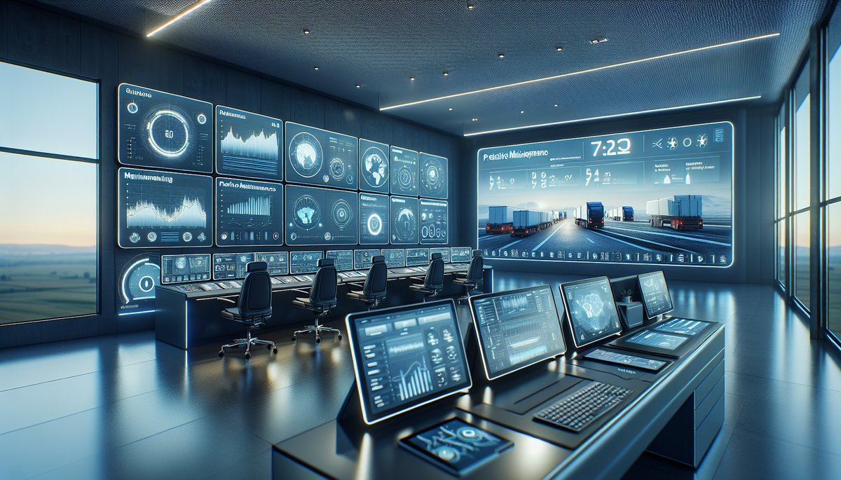 Modern fleet management control room with screens displaying AI-driven predictive maintenance data.