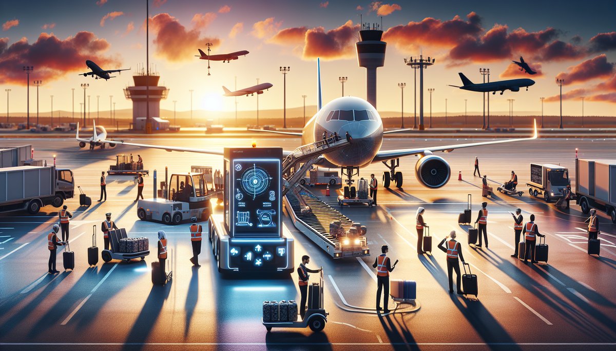 AI ground handling vehicle loads luggage at sunset, highlighting teamwork and technology in airport