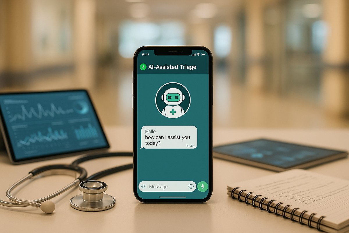 Modern healthcare setting with AI triage on WhatsApp, featuring a smartphone and health tools.
