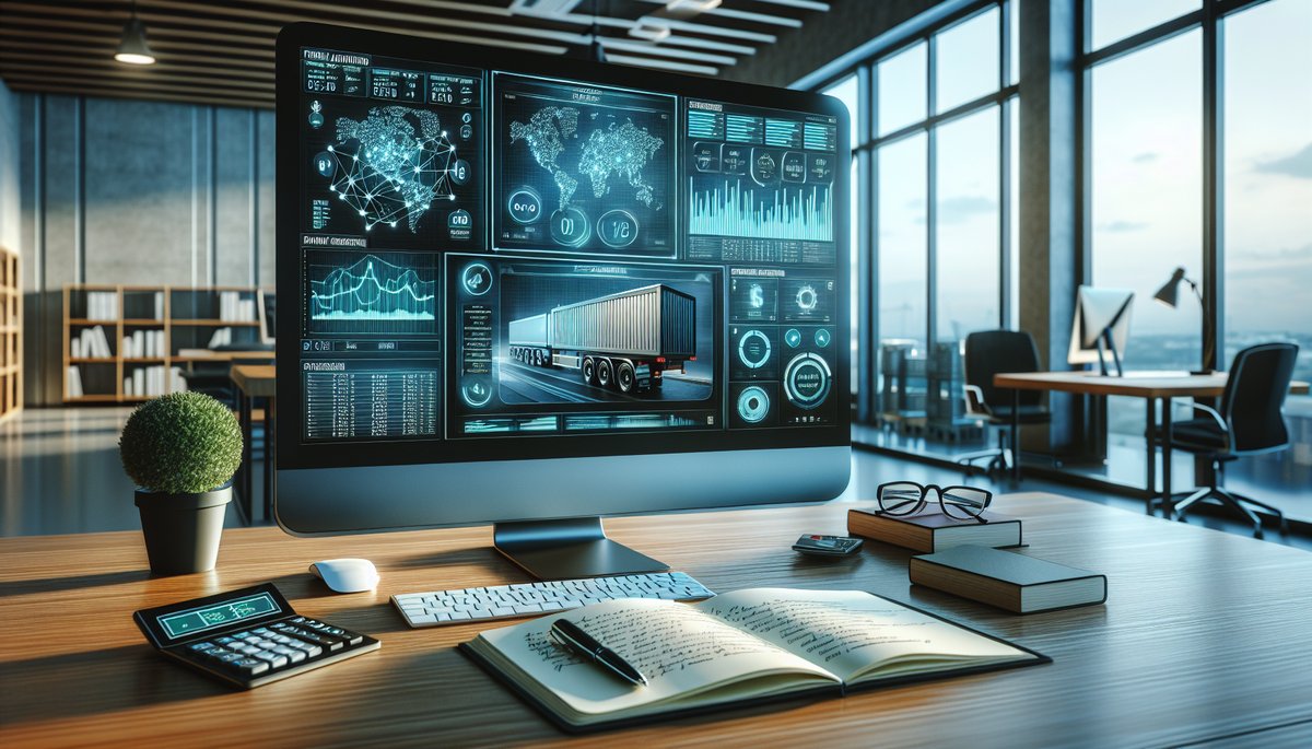 Modern logistics office with desktop showing freight audit software and natural light ambiance.