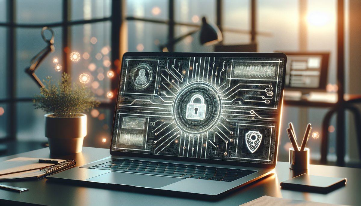 Modern workspace with a laptop showing KYC data analytics and AI security elements.