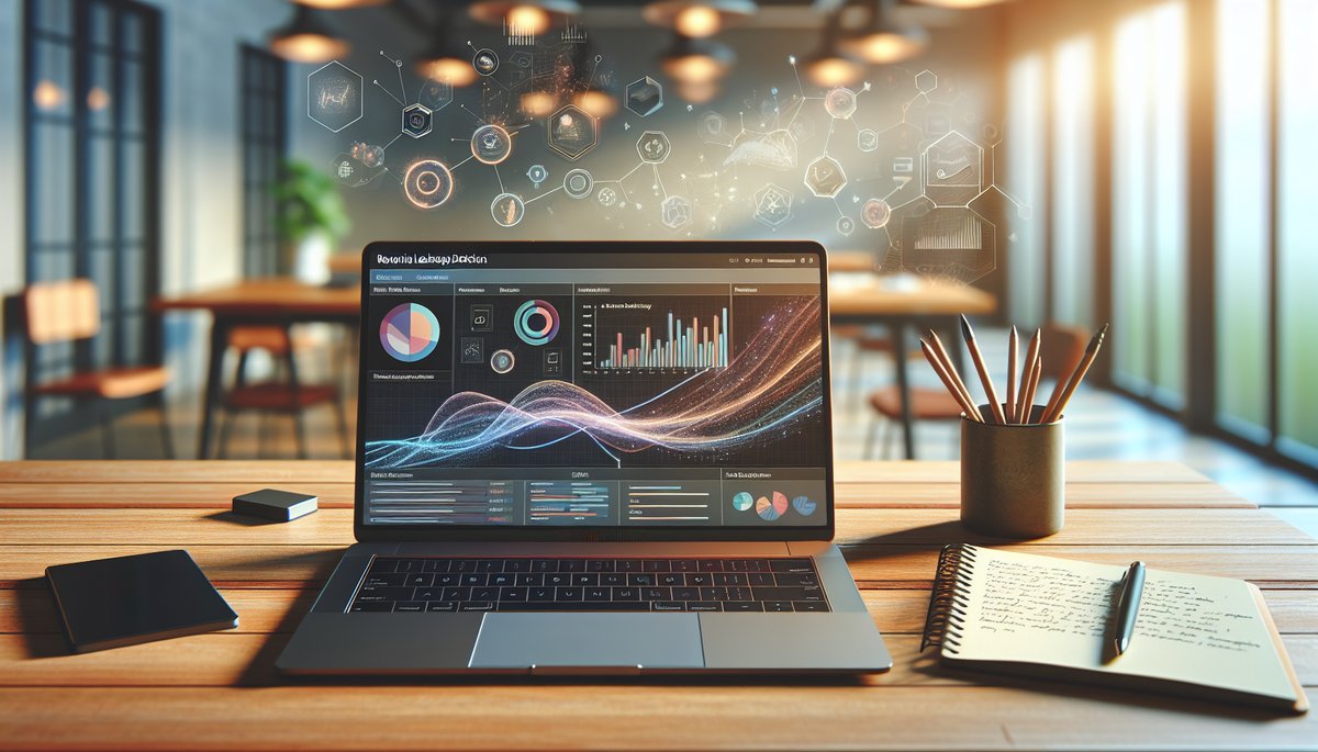 Modern office with a laptop displaying revenue leakage detection analytics and cozy decor.