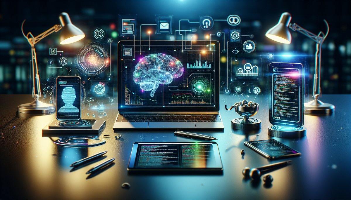 Sleek workspace with laptop, tablet, and holographic brain, illustrating AIMatric vs RPA vs chatbots