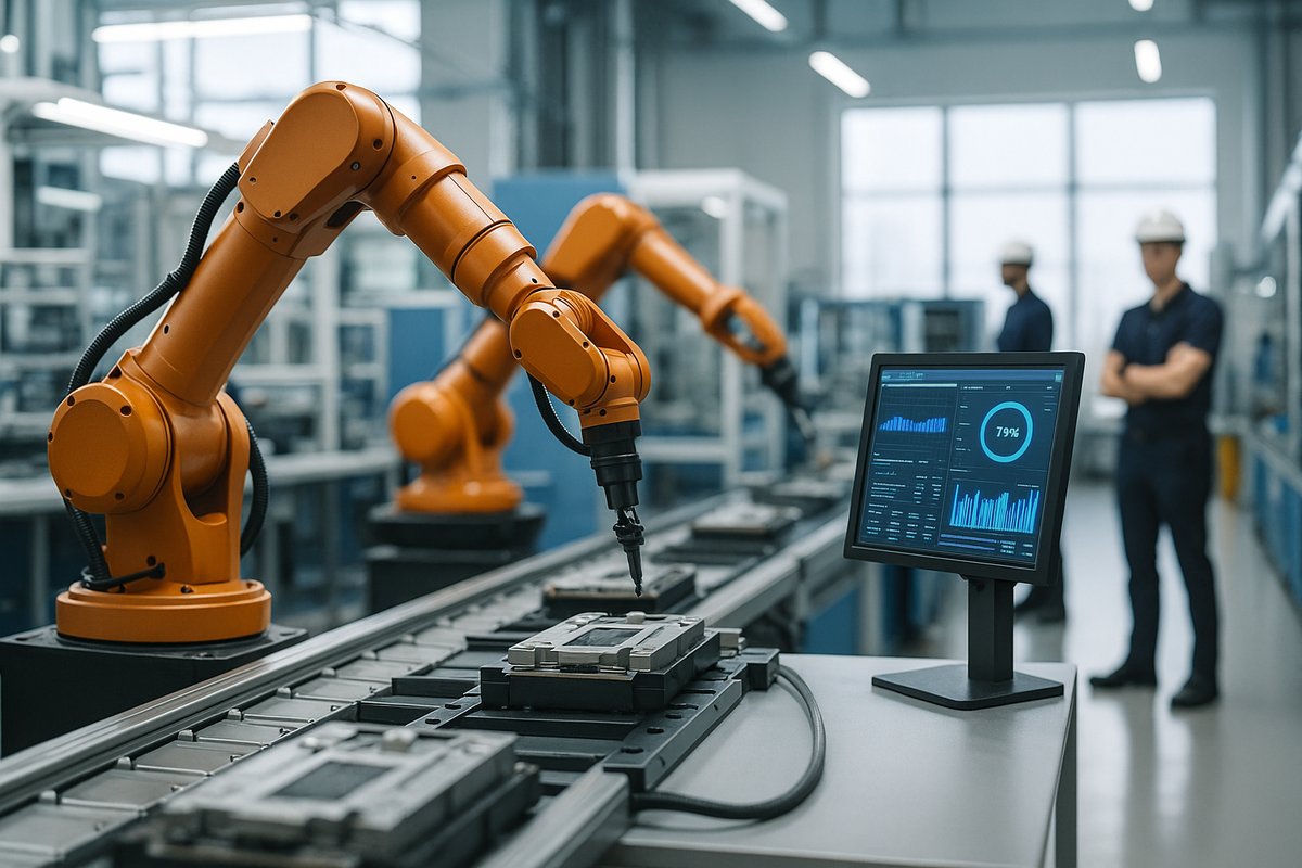 Modern manufacturing facility with robotic arms and screens enhancing AI OEE improvement.