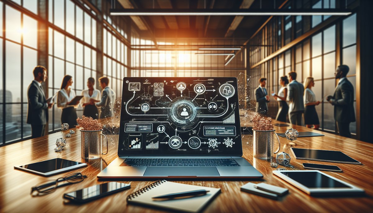 Modern office workspace showcasing a laptop with a customer onboarding flowchart and tech gadgets.