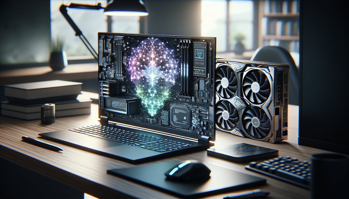 Modern workspace with a gaming laptop and GPU, focusing on AI neural networks and tech gadgets.