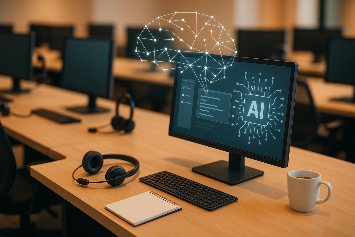 Modern call center with sleek workstations, AI software, and a focus on an agent's desk.