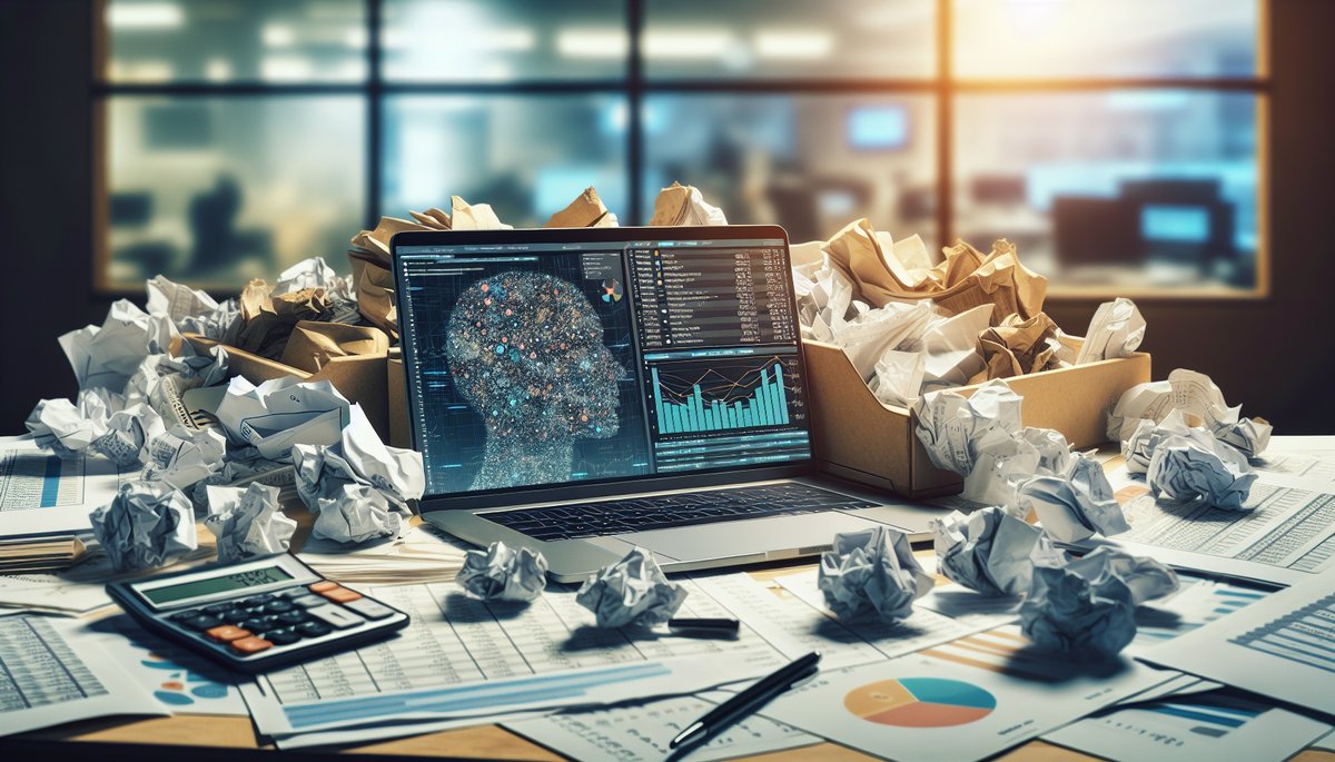 Cluttered desk with spreadsheets and a laptop showing AI analytics for financial operations.