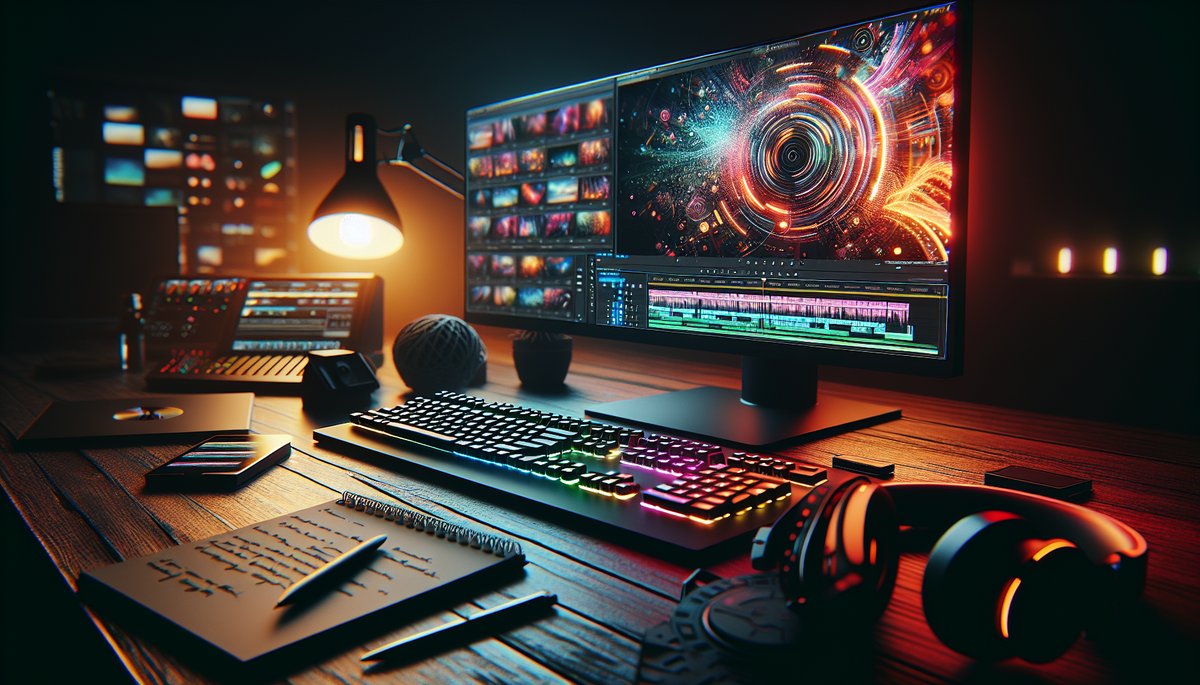 Modern video editing workstation with a vibrant timeline and tools, showcasing AI's impact on creati