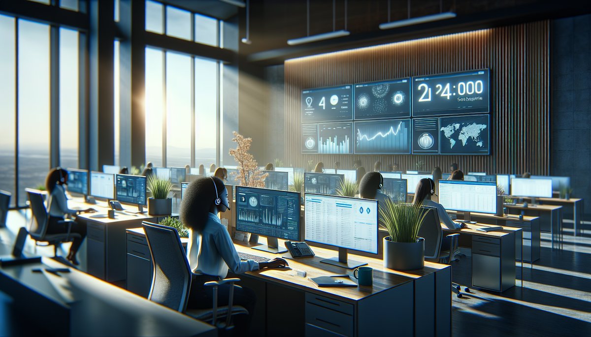 Modern call center workspace with tech workstations and a focused representative resolving customer 