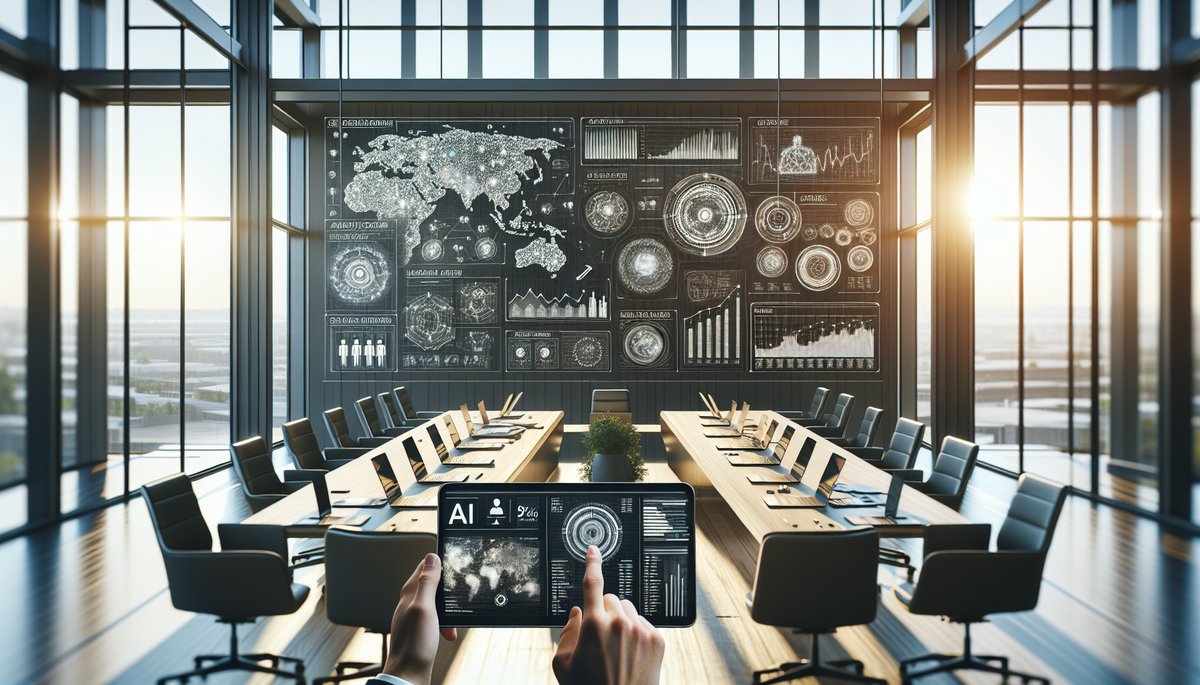 Modern office with a conference table, laptops, and a hand pointing at AI company profiles on a tabl