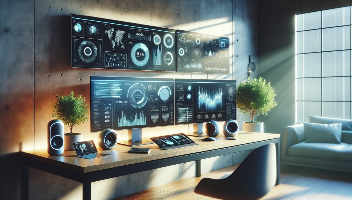 Modern workspace with dual monitors showcasing marketing analytics and tech gadgets in a bright sett