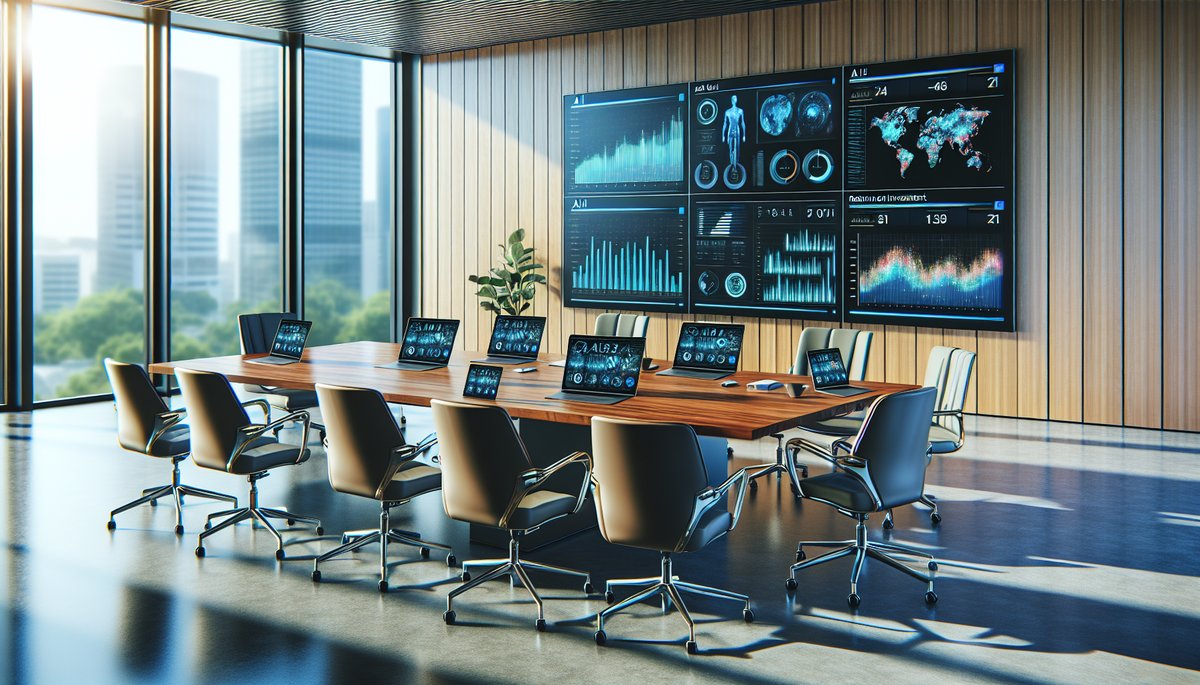 Modern office with conference table, laptops displaying AI ROI metrics, bright and professional atmo