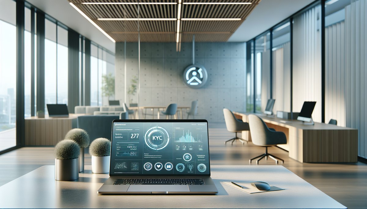Close-up of a sleek laptop on a bank desk, showing automated KYC dashboard with data analytics.