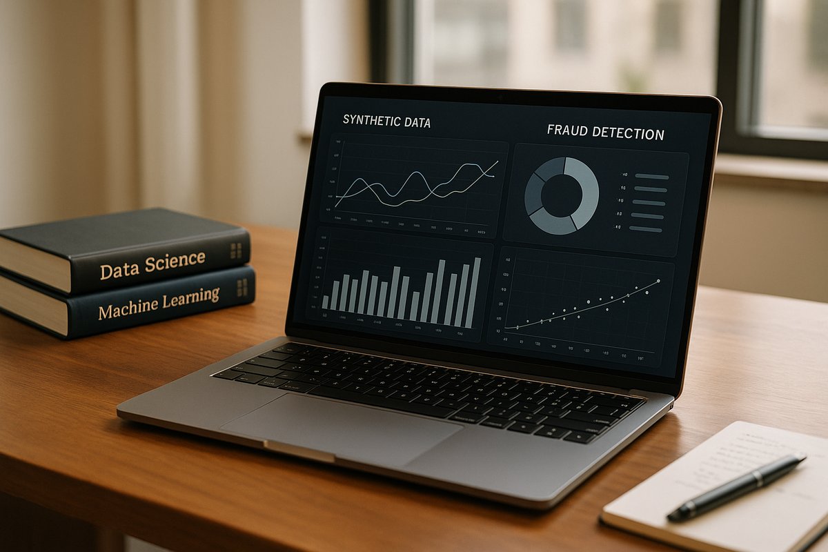 Modern workspace with laptop displaying synthetic data fraud analysis dashboard and textbooks.