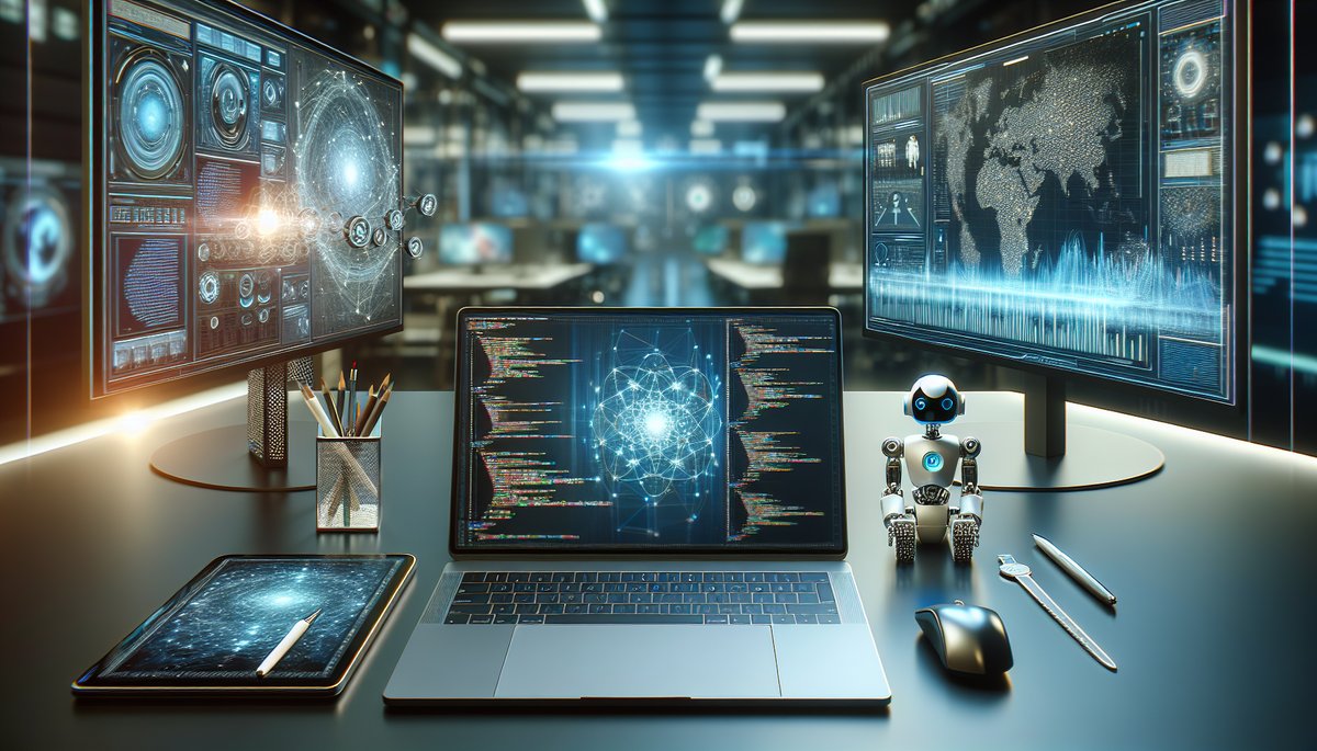 Modern workspace with advanced tech, featuring AI algorithms on a laptop screen.