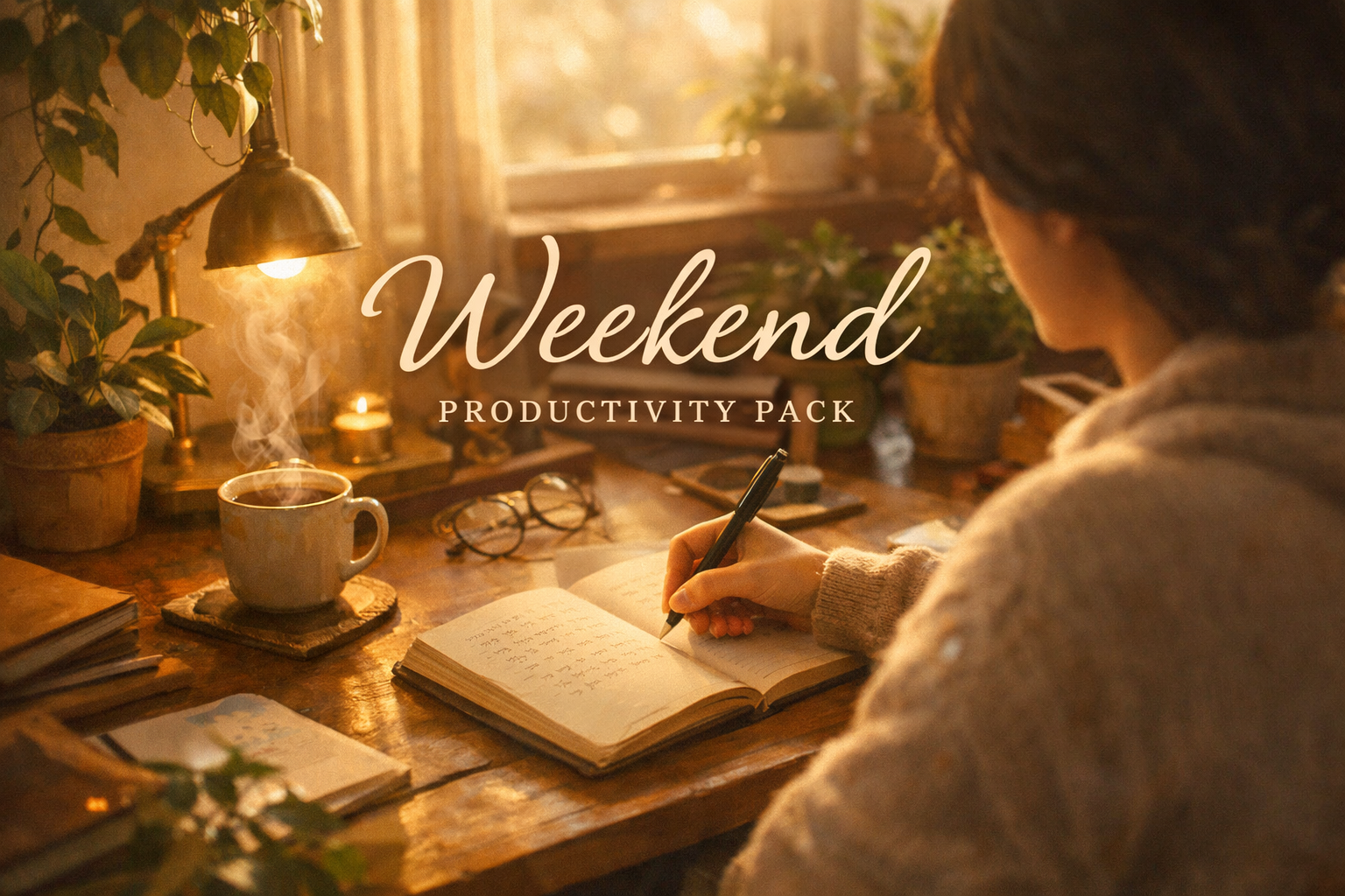 Cozy home office with a laptop, coffee, and notes, perfect for weekend productivity.