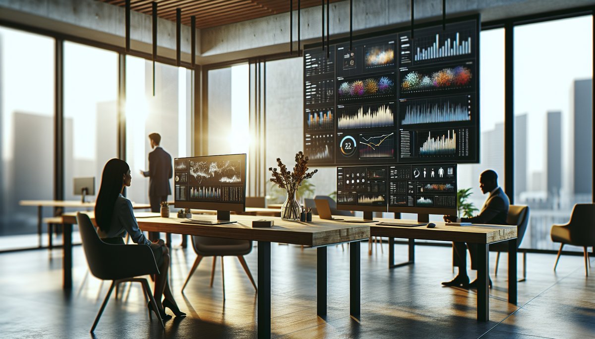 Modern office with AI tools, showcasing financial graphs and collaboration in a sleek workspace.